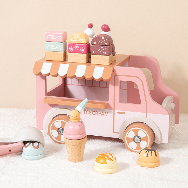 Wooden Ice Cream Truck Pull Along Toy for Toddlers Montessori Pretend Play Food Educational Wood Toy for Kids