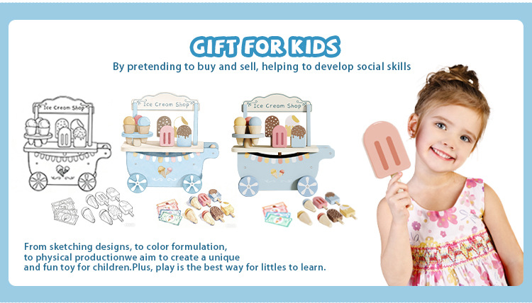 Children Wooden Ice Cream Shop Play to Learn Trolley Role Play Pretend Toy Kids Early Education Wooden Kitchen Toy