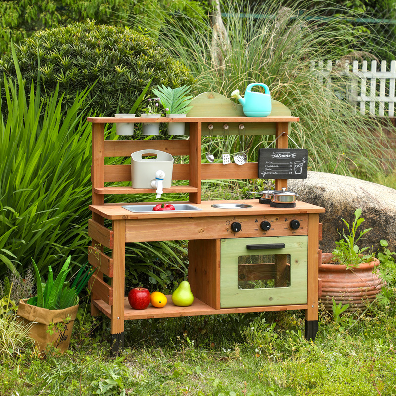Unisex Preschool Play Set Outdoor Wooden Kitchen Pretend Play for Fun Role Play Set Cooking Games for Kids' Outdoor Activities