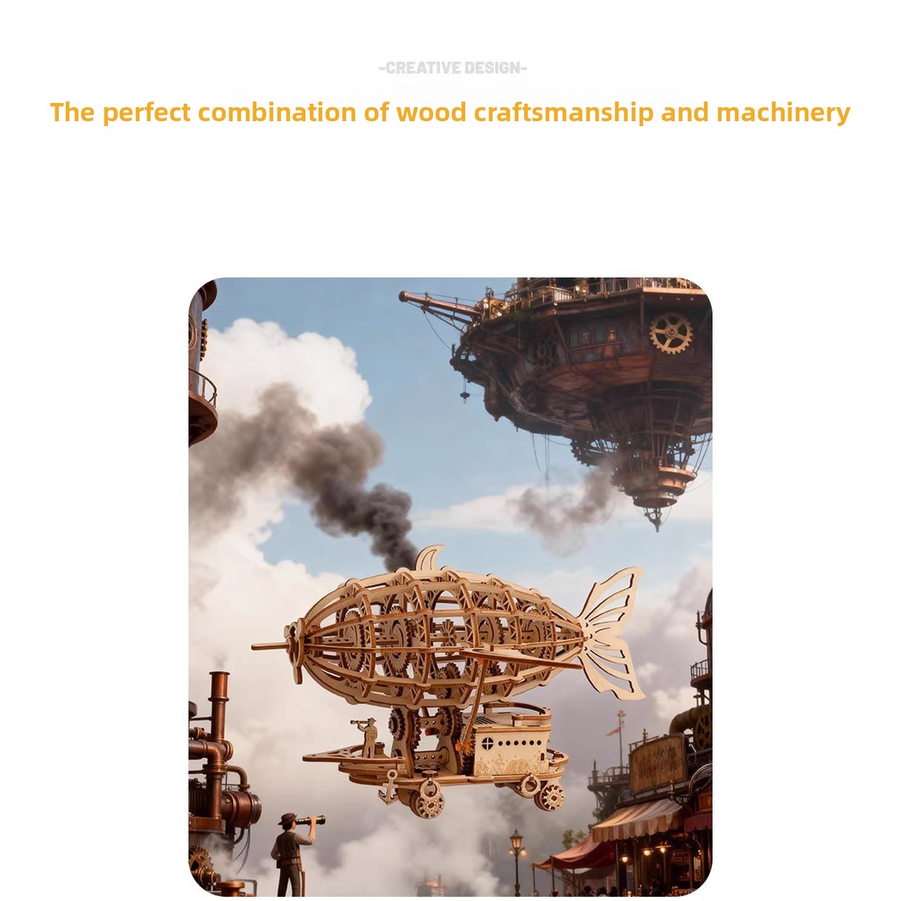 Hamaileon Music Box Airship Wooden Mechanical Rotation 3D Model Assembled Puzzle 51-100 Pieces Handmade DIY Toy Gift
