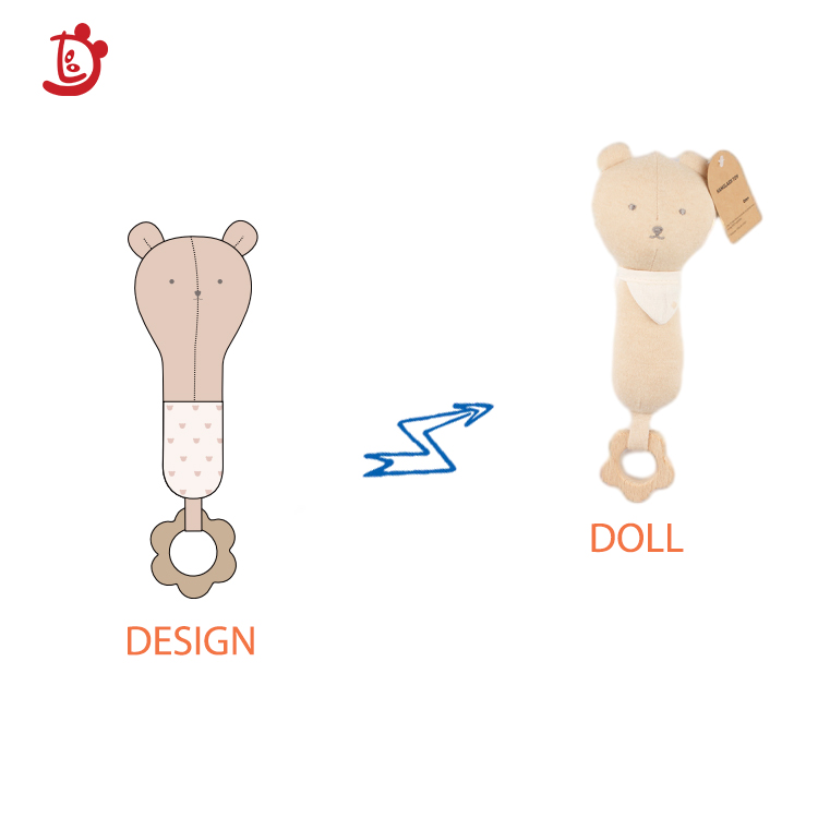 Factory Custom Baby Sensory Rattle Plush Toy Organic Floppy Bear Animal Design Wooden Teething Chew Toy Baby Rattle Wood