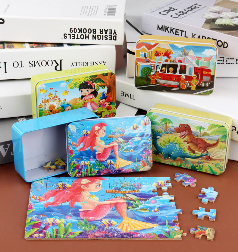 60-Piece Flat Puzzle for Children's Early Education Age 3-6 Iron Box Anime Cartoon Wooden Toys Made From Wood