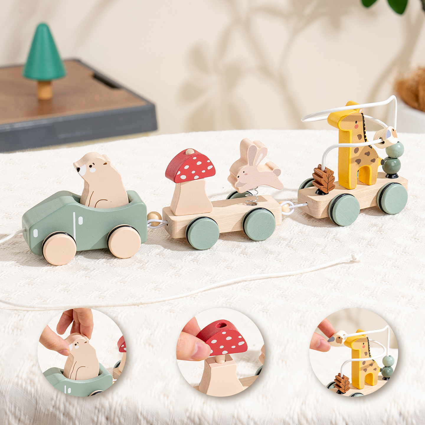 Montessori Wooden Animal Pull-along Train Toy Featuring Interesting Animals and Beads for Parent-child Interaction Play.