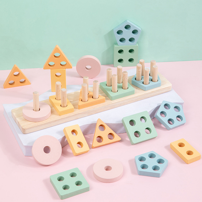 Five Sets Children's Wooden Montessori Geometric Shape Columns Early Education Matching Intelligence Educational Toys