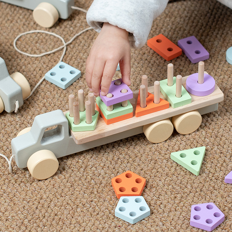 Wooden Geometric Shape Column Blocks, 2 in 1 Shape Matching Pull Along Car, Montessori Cognition Early Educational Toys for Kids