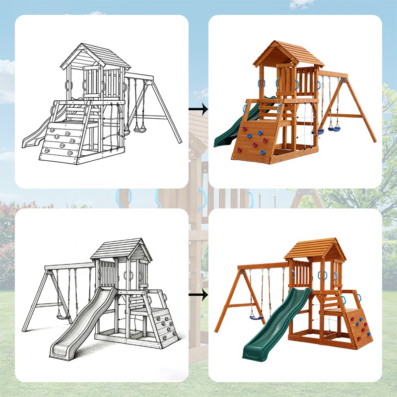 Children Wooden Outdoor Playground Climbing Frame Slide Kids Swing Set