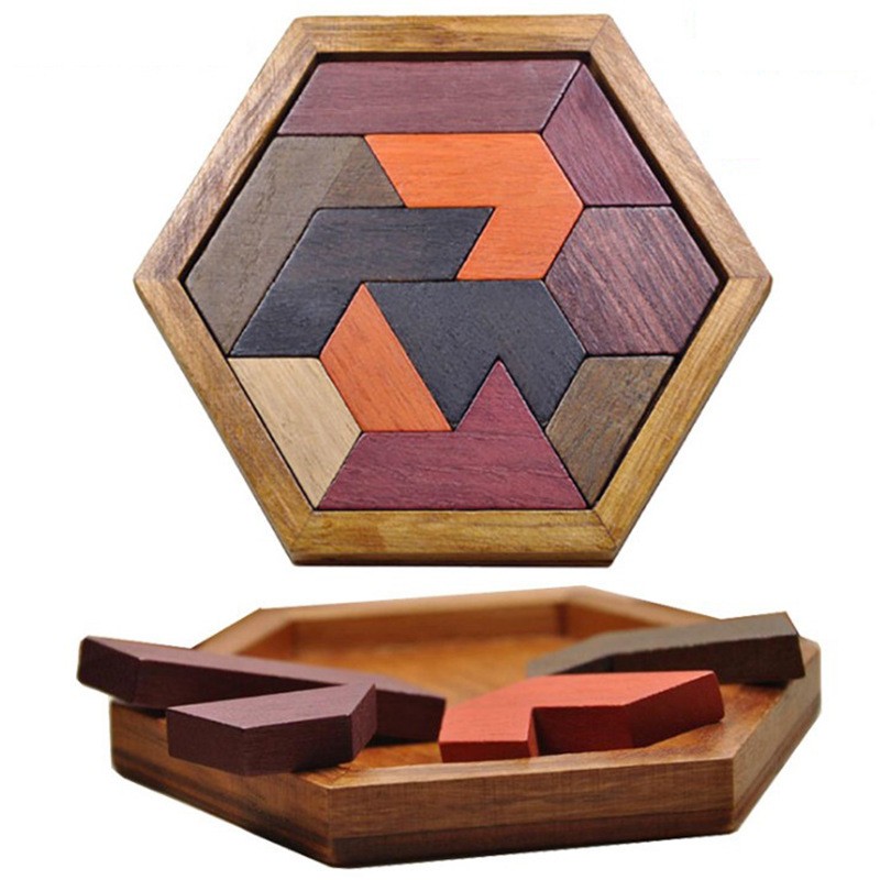 Creative Wooden Hexagon Jigsaw Puzzles Board Geometric Wood Shapes Puzzle Kids Educational Toys