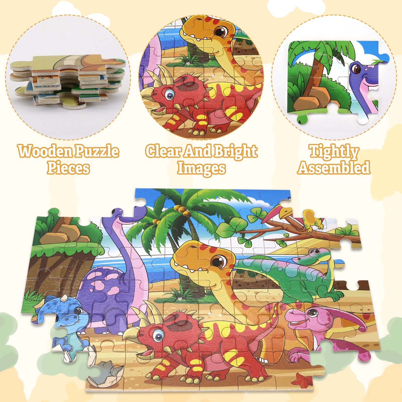 Wholesale 60 Pieces Dinosaur Wooden Puzzle Board 4 in 1 Jigsaw Puzzles Montessori Educational Learning Toys for Kids Toddlers