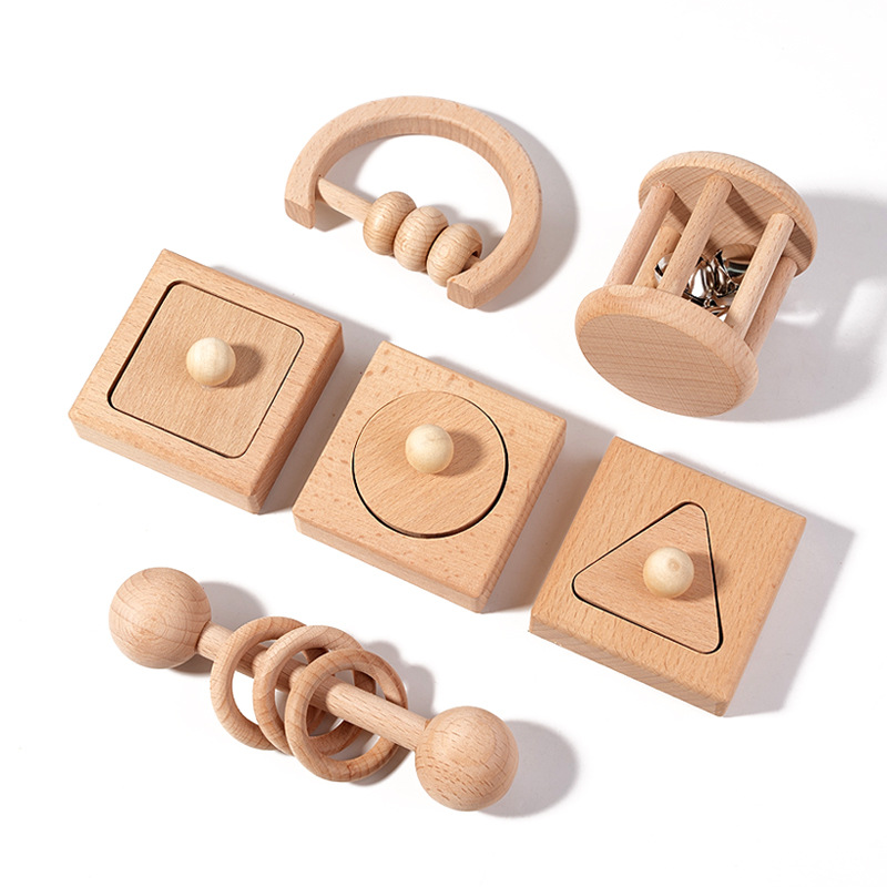 New Design Children's Wooden Toy Rattle 0-3 Years Old Infant Early Education Grasping Geometric Shape Matching Toy Set
