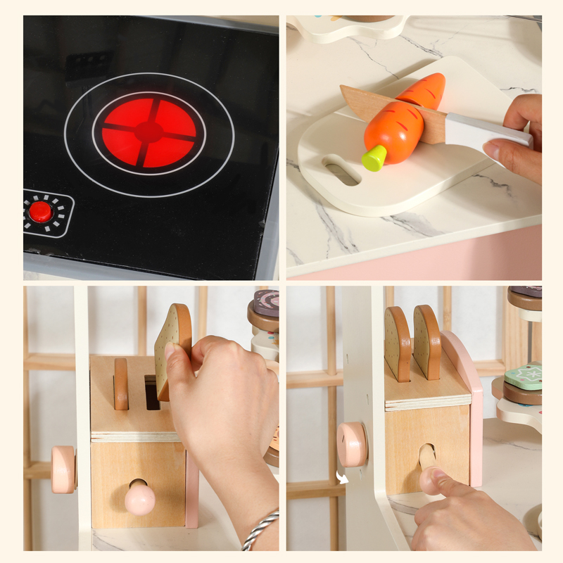 2024 New Multifunctional Customize Kids Pretend Play Cooking Coffee Maker Baking Kitchen Wooden Toy Set with Light Sounds