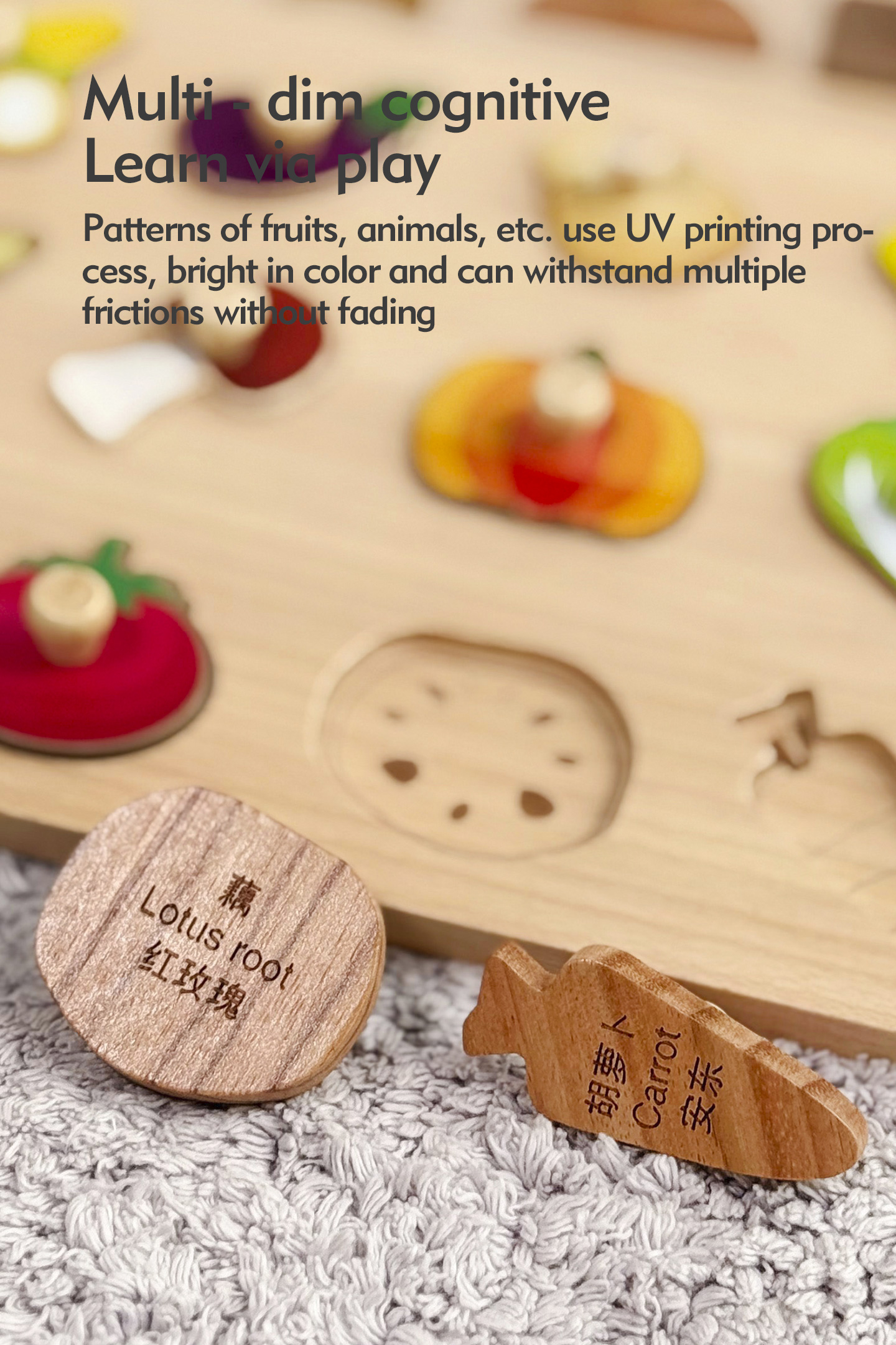 Wooden Montessori Educational Toys for Toddlers 1-3 Years Sensory Solid Wood Animal Veggie Fruit Peg Puzzle Board