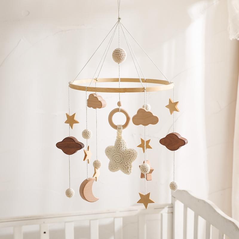 Natural Wooden Star Baby Crib Mobile Toys Nursery Decor Beech Wood Crochet Baby Mobile Felt for Crib