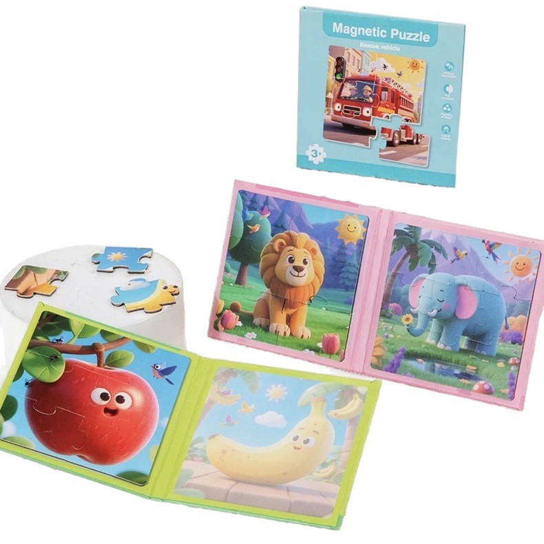 Wooden Children's Magnetic Puzzle Book Transportation Fruits Animals Educational Flat Puzzle Toy for Toddler Brain Development