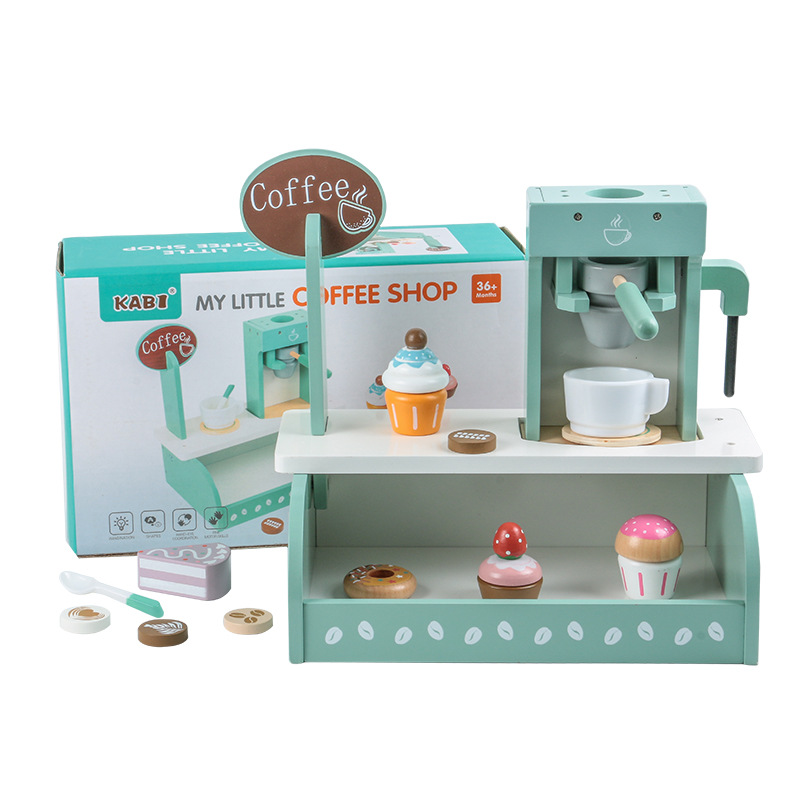 Children's Wooden Toy Pretend Play Afternoon Tea Shop with Coffee Machine and Dessert Role-Playing Store for Kids Boys Girls