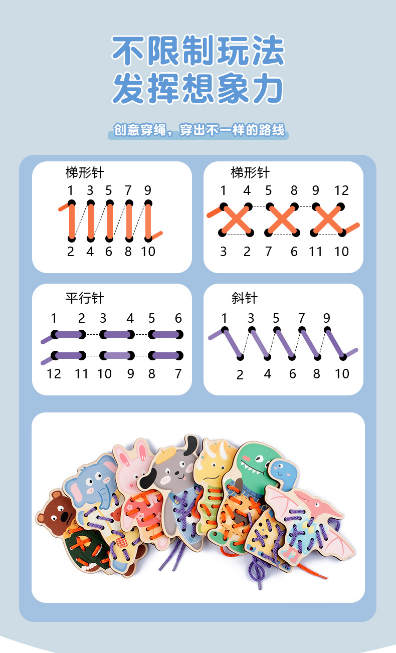 Children Early Education Toy Baby Montessori Activity Wooden Threading Game Kids Fine Motor Skill Lacing Threading Toys
