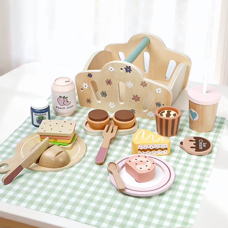 Youlebei Montessori Wooden Picnic Children's Pretend Play Food Set Basket Educational Outdoor Toy 3-8 Years Unisex Sample