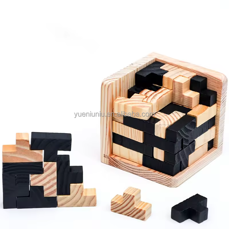 3D Wooden Brain Teaser Cube Wood Puzzles T-Shaped Jigsaw Logic Puzzle Game Educational Toy for Kids and Adults
