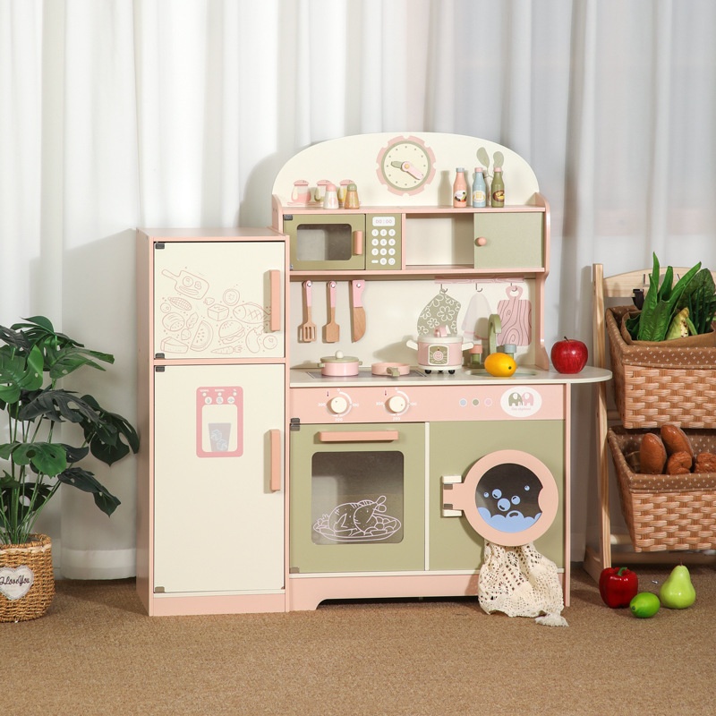 Unisex Customizable Pink &amp; Green Wooden Play Kitchen Set Kids' DIY Educational Toy Mini Cook Kitchen for Preschoolers