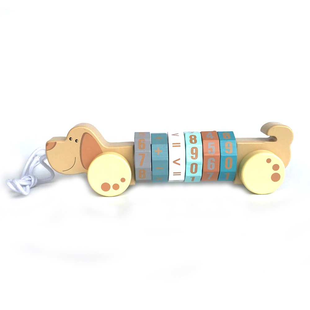Hot Selling Dog Animals Educational Pull Wooden Math Toys Pull Along Toy for Children
