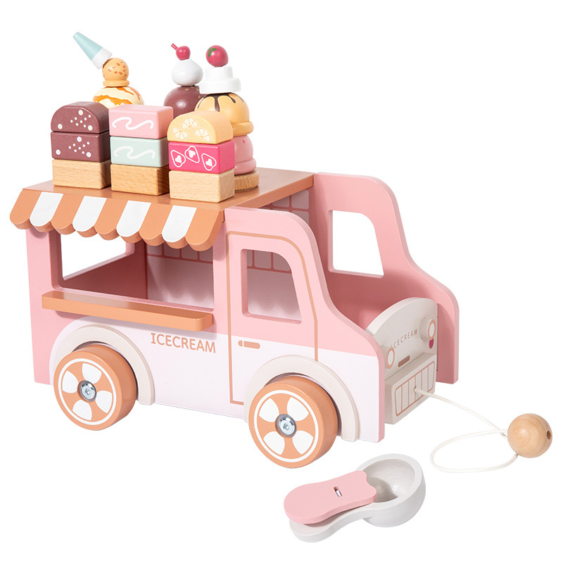 Wooden Ice Cream Truck Pull Along Toy for Toddlers Montessori Pretend Play Food Educational Wood Toy for Kids