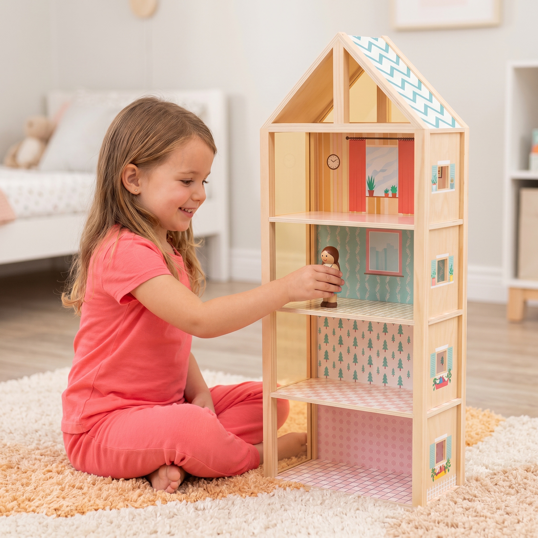 Wooden 4-layers Open Dollhouse Toy with Themed Interior Decoration Kids Pretend Play Role-Playing Toy for Toddlers