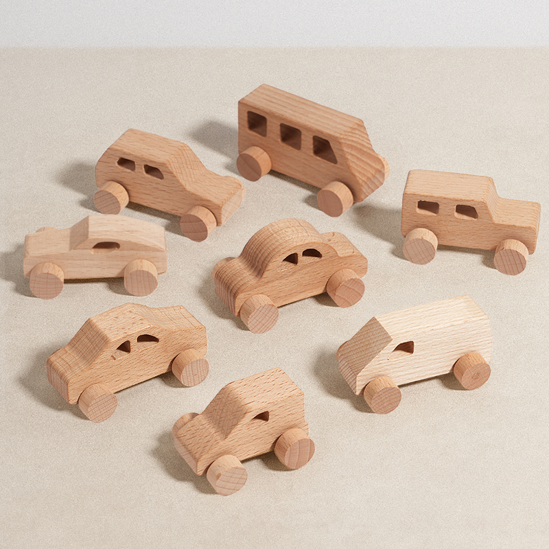 New Born Eco-friendly Safe Montessori Handmade Educational Wooden Toy Cars Set,Baby Boy Girl Wood Push Car for Nursery Decor
