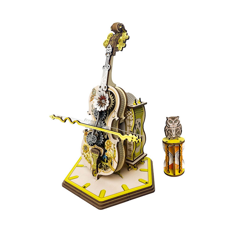 Fashion Design Punk Cello Wooden Puzzle Model Kits DIY Assemble Toys 3D Vintage Music Box Cartoon Musical Instrument Style