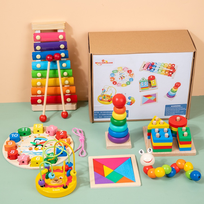 7 Pieces Montessori Collection Box Early Education Wooden Baby Intellectual Development Toys Music Funny Hand Knock Toy