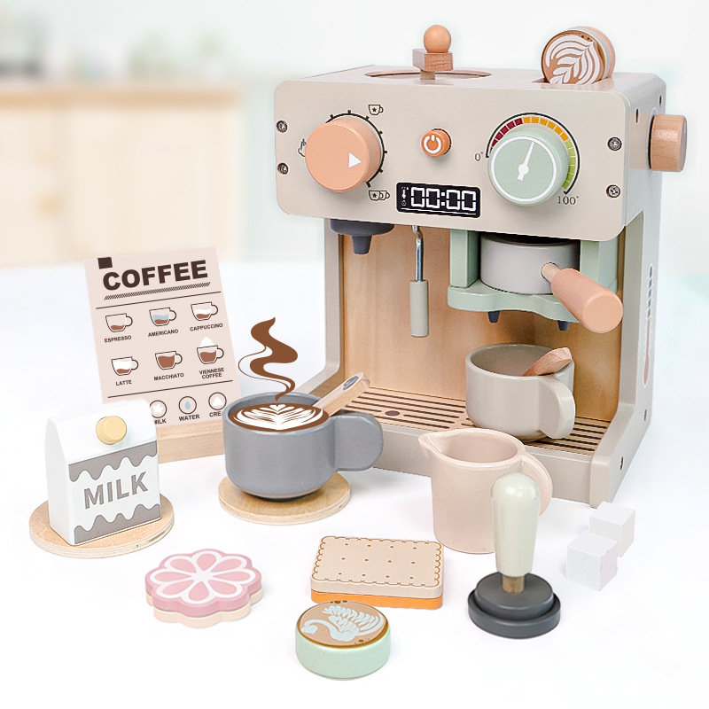 CE EN71 CPC Wooden Montessori Mini Pretend Play Coffee Machine Maker Play Set Box Kitchen/Food Toys for Kids