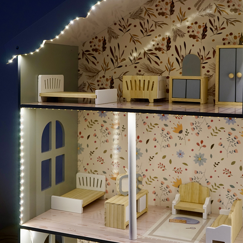 Children's Wooden Nordic-style Realistic Lighting Three-story Villa Pretend-play Princess Dollhouse Set of Toys