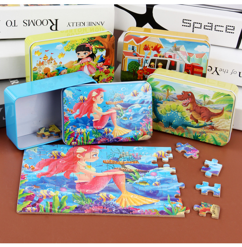 60-Piece Flat Puzzle for Children's Early Education Age 3-6 Iron Box Anime Cartoon Wooden Toys Made From Wood
