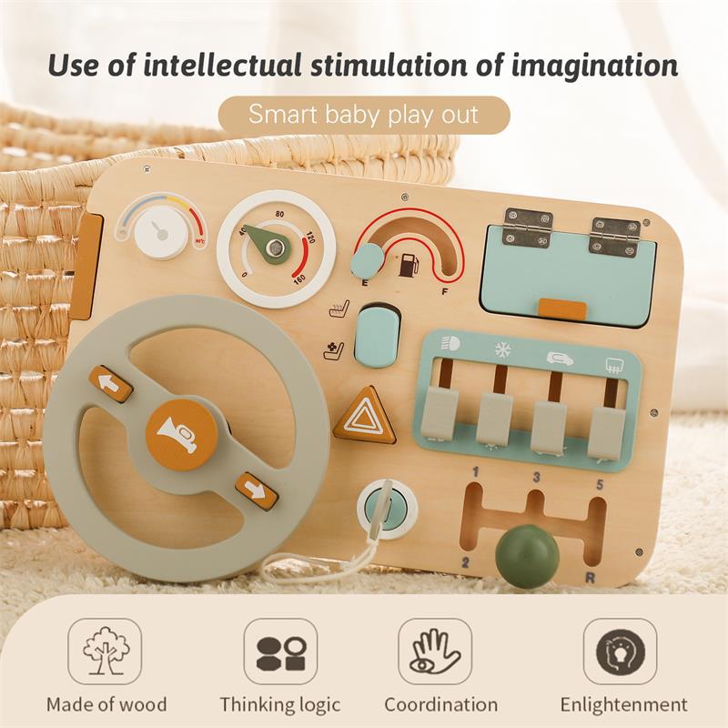 Montessori Wooden Busy Board Sensory Driving Learning Steering Wheel Toy for Children Aged 3 Years and Above Educational Toy