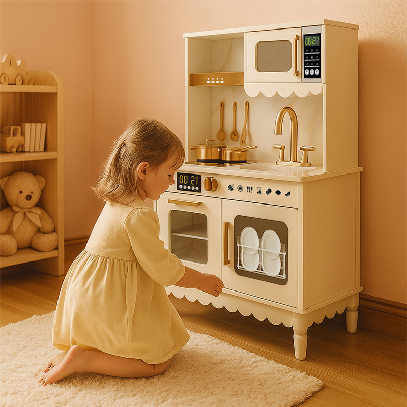 EDULAND OEM ODM EN71 CE FSC Eco-friendly Kids Toy White Simulation Kitchen Pretend Play Set Wooden Kitchen Toy Manufacturer