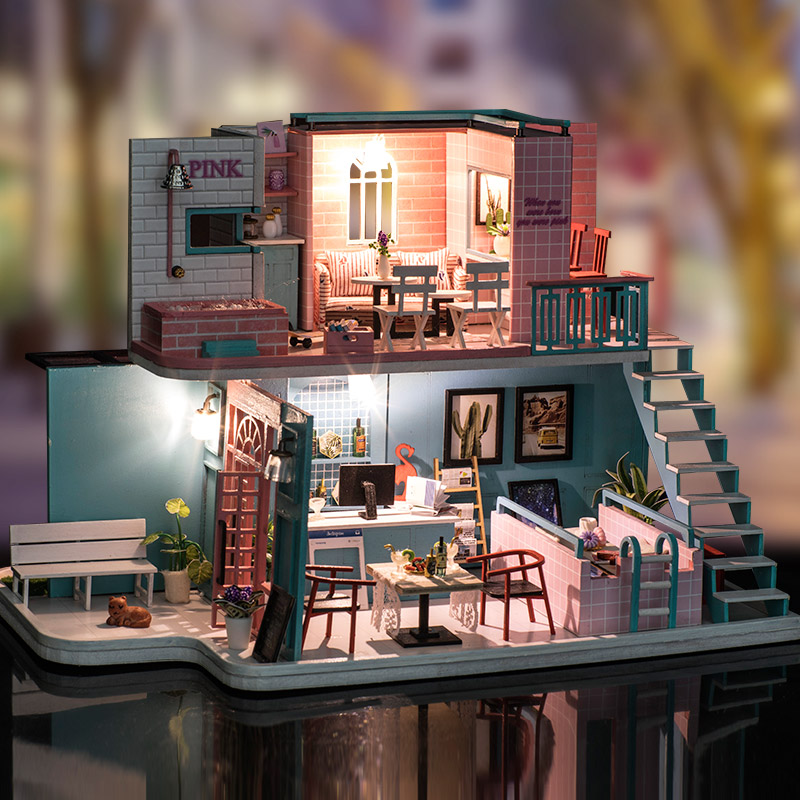 Wooden Doll House Toy for Kids Miniature Doll House Furnishings Pink Cafe