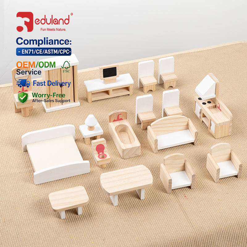 EDULAND OEM ODM CPC CE Montessori Wooden Doll House Furniture Toys Girls Pretend Play Furniture Accessories Set
