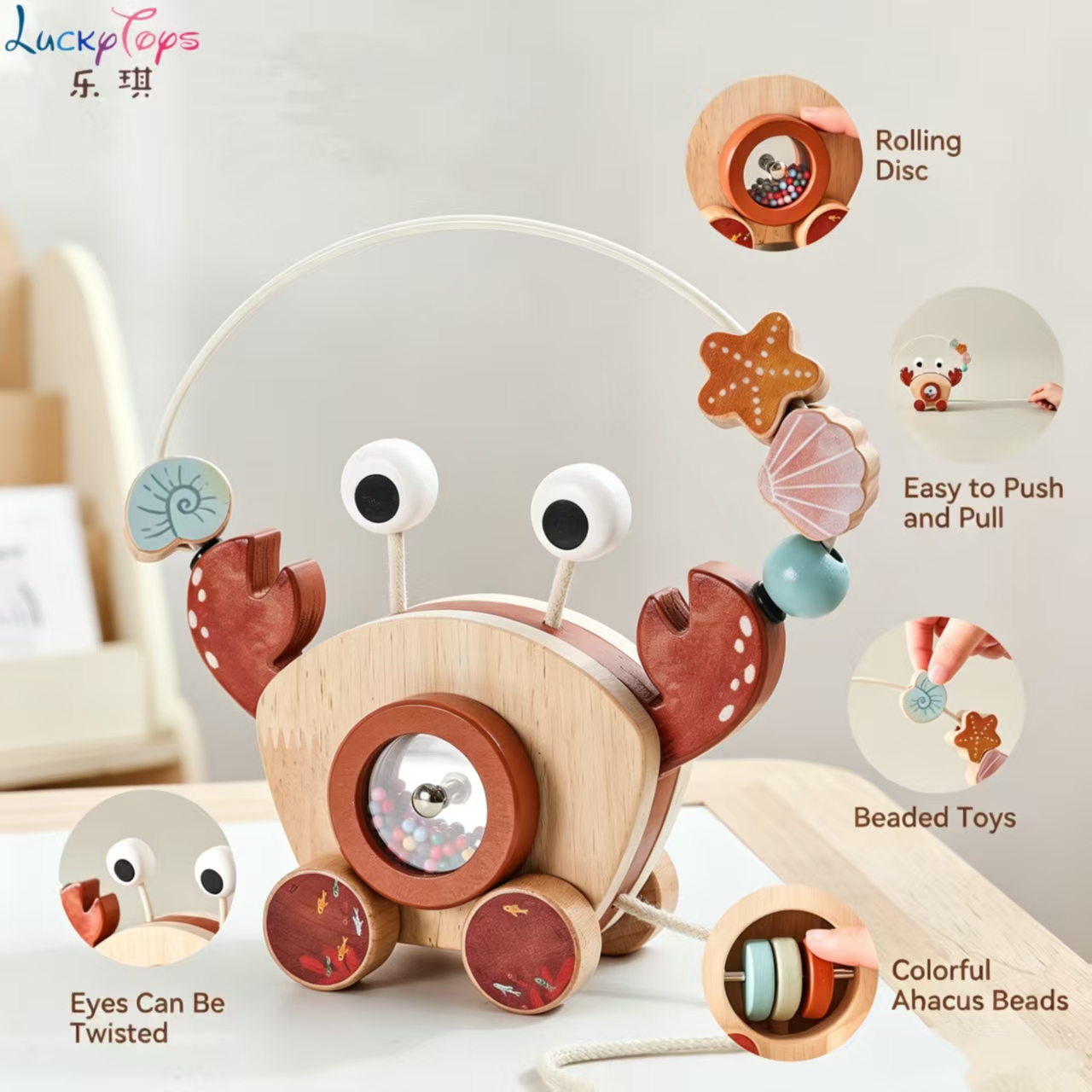Montessori Wooden Crab Pull Along Car with Bead Maze Grasping &amp; Brain Training Motor Skills for Home Toddler &amp; Preschool Baby