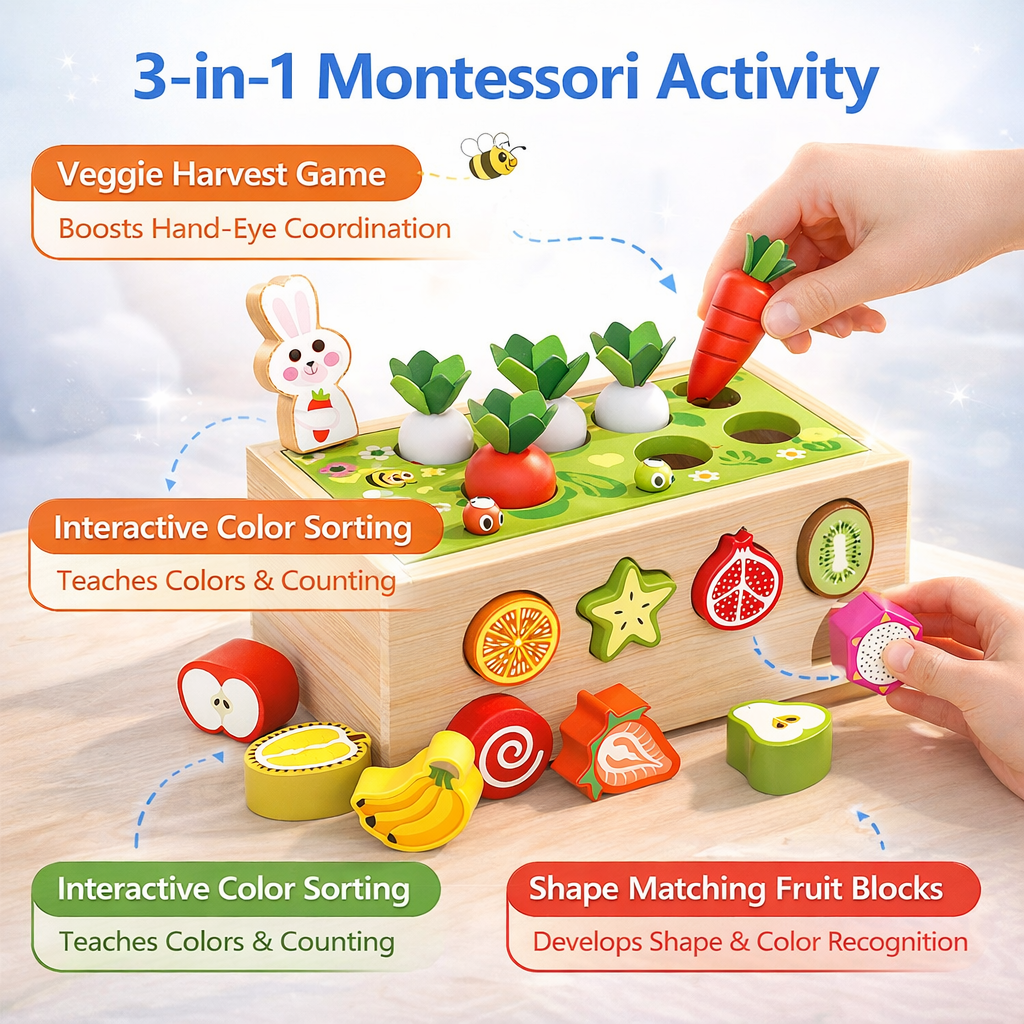 Montessori Wooden Carrot Harvest Shape Sorting Educational Toy for Toddlers &amp; Girls Preschool Learning Toy