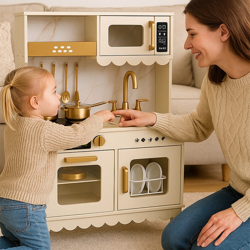 EDULAND OEM ODM EN71 CE FSC Eco-friendly Kids Toy White Simulation Kitchen Pretend Play Set Wooden Kitchen Toy Manufacturer