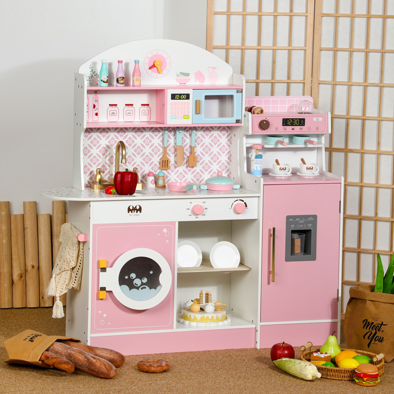 Children's Wooden Pretend Kitchen Play Set with Coffee Machine &amp; Refrigerator Educational Interactive Parent-Child Cooking Toy