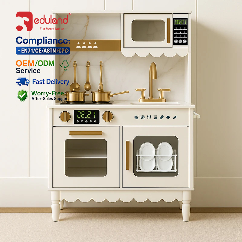 EDULAND OEM ODM EN71 CE FSC Eco-friendly Kids Toy White Simulation Kitchen Pretend Play Set Wooden Kitchen Toy Manufacturer