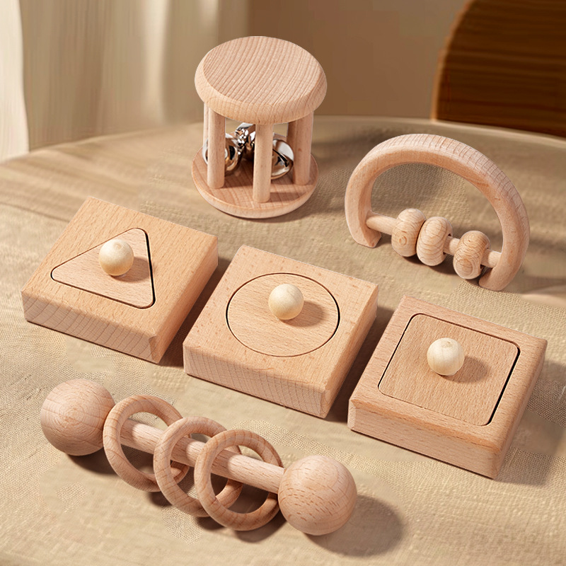 New Design Children's Wooden Toy Rattle 0-3 Years Old Infant Early Education Grasping Geometric Shape Matching Toy Set
