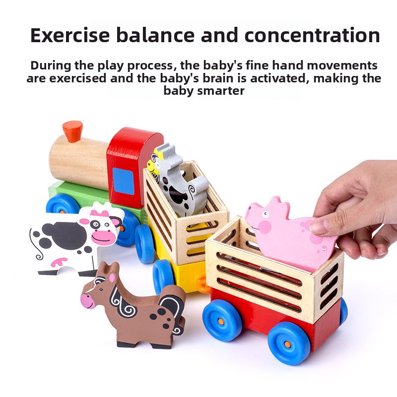 Wooden Animal Train Toy Three Section Pull Along Vehicle Set for Kids Farm-Themed Educational Play