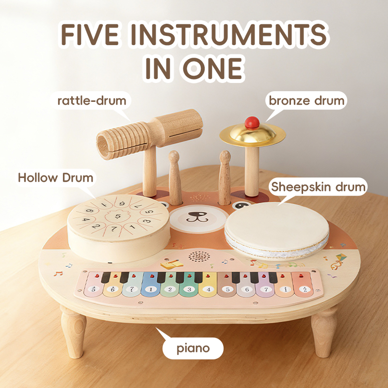 Qiaike Montessori Multifunctional 5 In 1 Music Station Baby Drum Kit Wooden Musical Instruments Toys With Drums Cymbals Piano