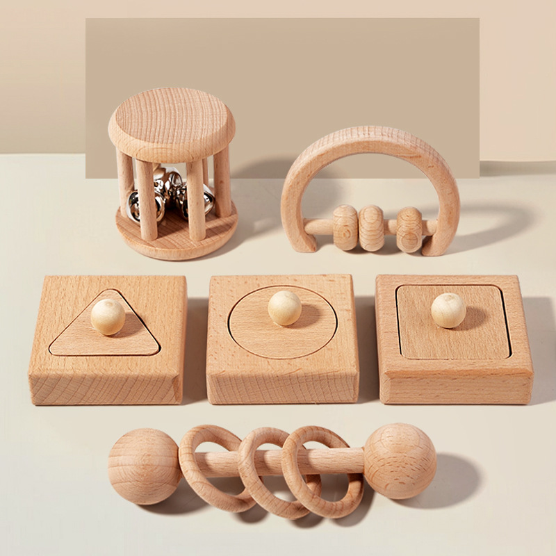 New Design Children's Wooden Toy Rattle 0-3 Years Old Infant Early Education Grasping Geometric Shape Matching Toy Set