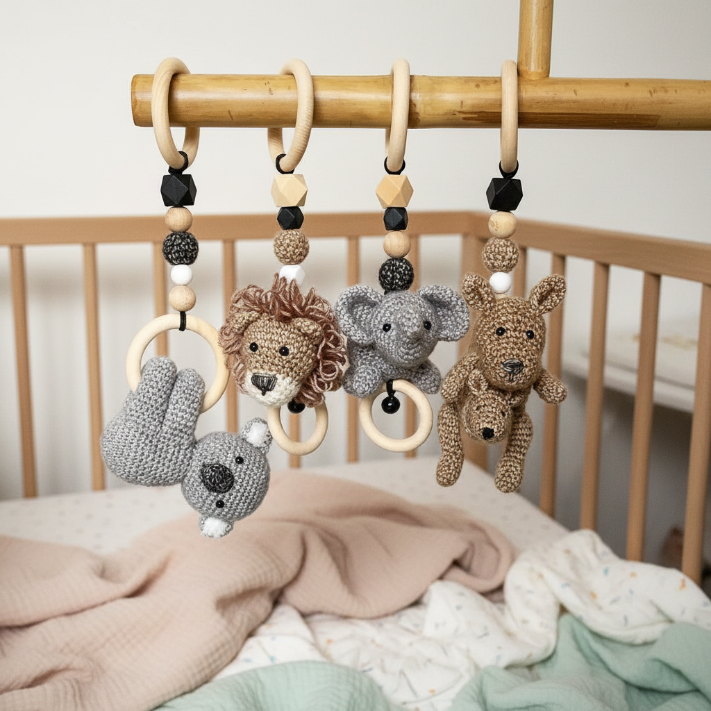 Customized Premium Round Square Plush Activity Wooden Nursing Pendant Gym Teether Rattles Toy Sports Educational Picnic