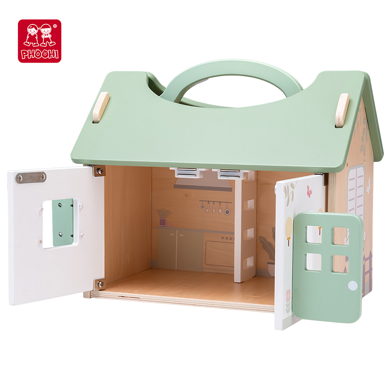 PHOOHI Kids Furniture Wooden Handheld Doll House, Wooden Two Story Villa Doll House Toy Set, with Mini Wooden Wood Unisex