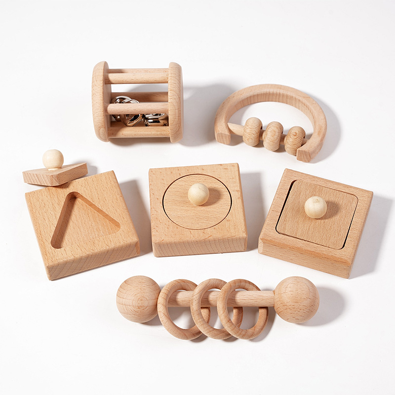 New Design Children's Wooden Toy Rattle 0-3 Years Old Infant Early Education Grasping Geometric Shape Matching Toy Set