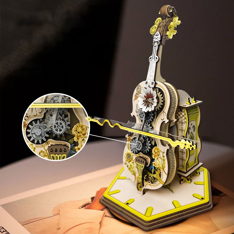 Fashion Design Punk Cello Wooden Puzzle Model Kits DIY Assemble Toys 3D Vintage Music Box Cartoon Musical Instrument Style