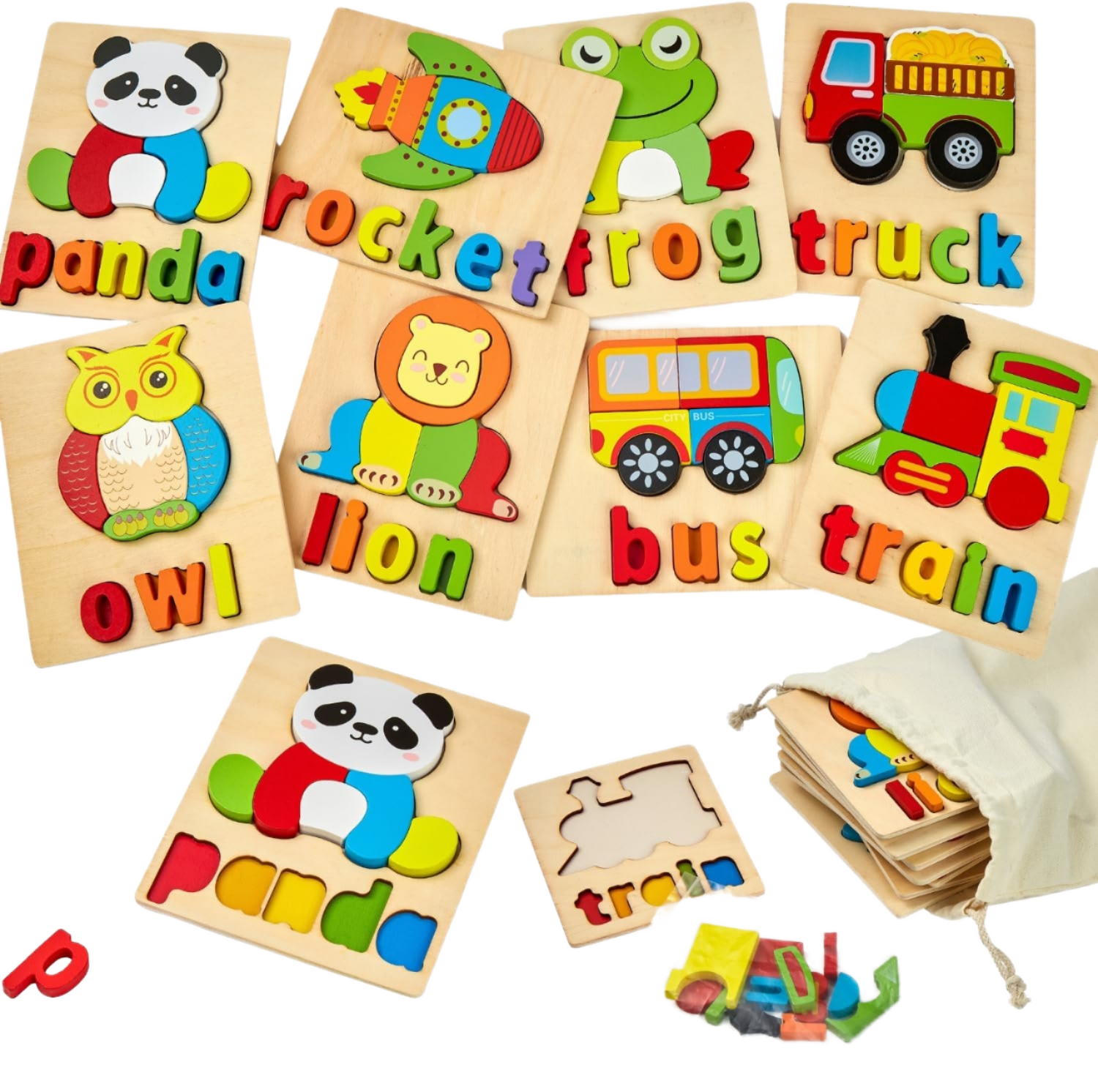 Montessori Classic Wood 3D Alphabets &amp; Animal Jigsaw Puzzles Educational DIY Toys Under 50 Pieces for 2-4 Years Family Learning