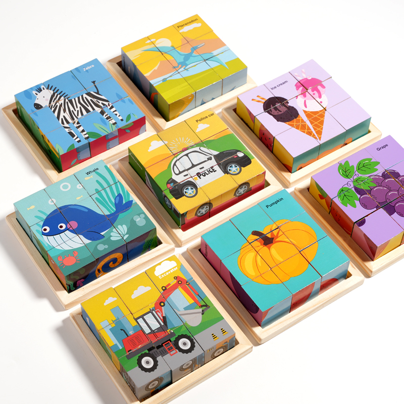 Children Wooden 6 Sides Animal 9 Cube Puzzle with Storage Tray Kids Educational Learning Montessori Toys for Toddlers